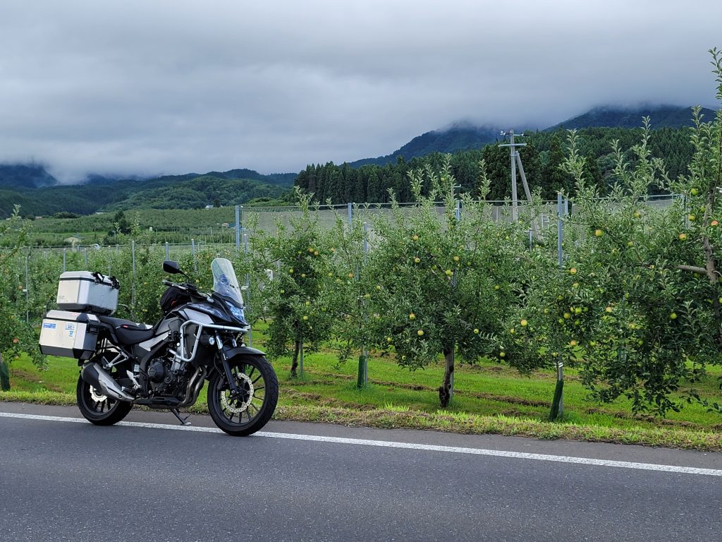 青森県弘前市のアップルロードのリンゴ畑を背景に、愛車を真横から撮影した様子