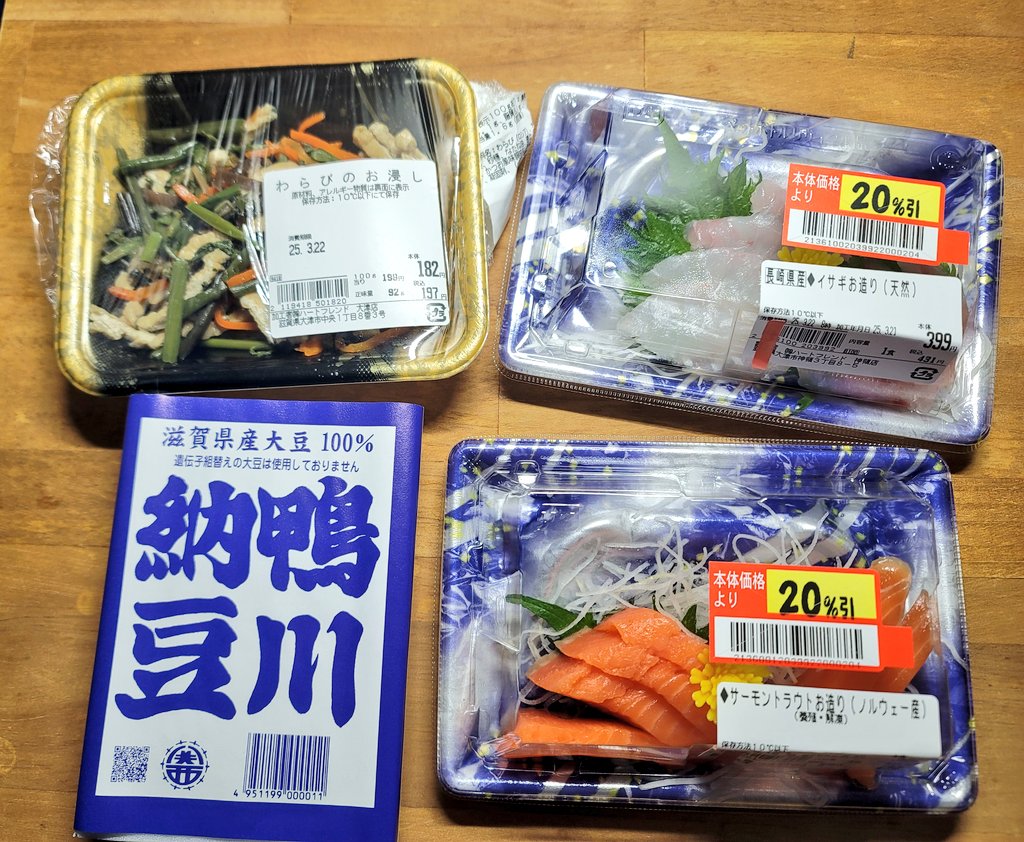 丸山内商店街で購入した鴨川納豆、お刺身、わらびのお浸しなどの夕食お惣菜