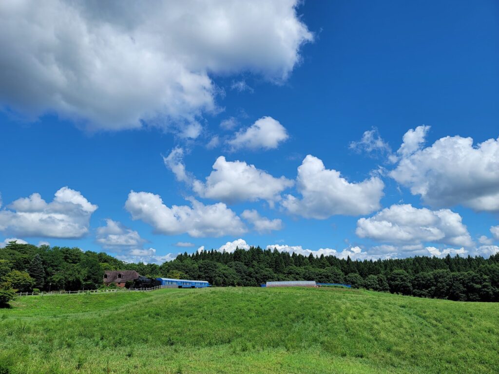 小岩井農場の緑と青空に入道雲、遠くにSLが映る風景