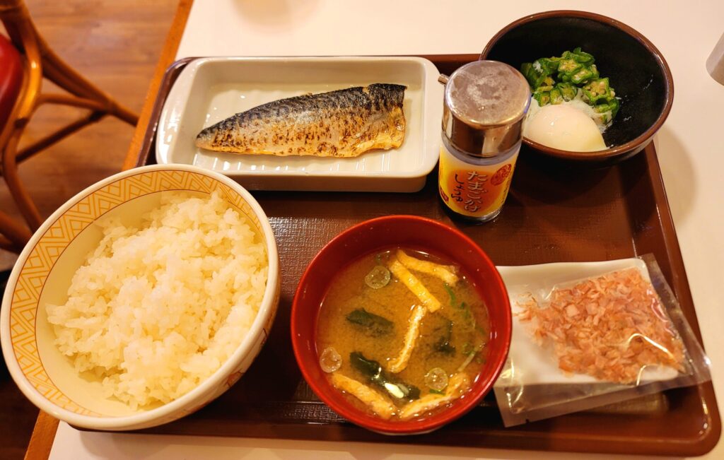 白馬ツーリング3日目の朝食、すき家の混ぜのっけさば定食