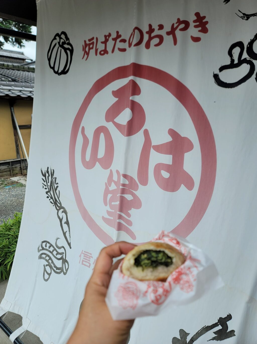 定番の野沢菜おやきを手に持ち、半分食べて中身が見える様子。小布施の長野のご当地人気グルメ。