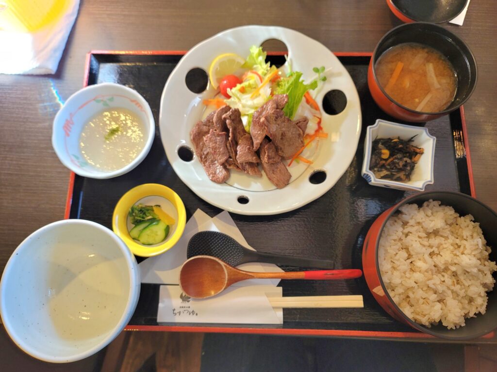 和歌山県田辺市中辺路町ちかつゆのとろろ屋で提供される鹿もも肉のとろろ定食。麦飯と新鮮な山の幸が添えられたヘルシーで美味しい一皿。