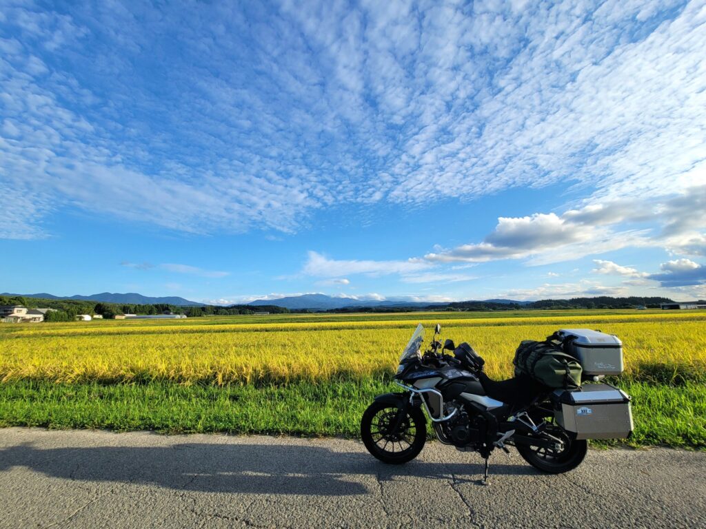 ホンダ400Xと黄金色の田んぼ|青空に映える秋のツーリング風景(山形・庄内地方)