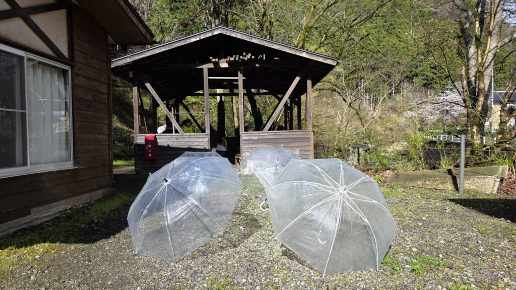 あきるのキャンプ場ウラルビレッジの晴れた朝、雨に濡れた傘を干している様子