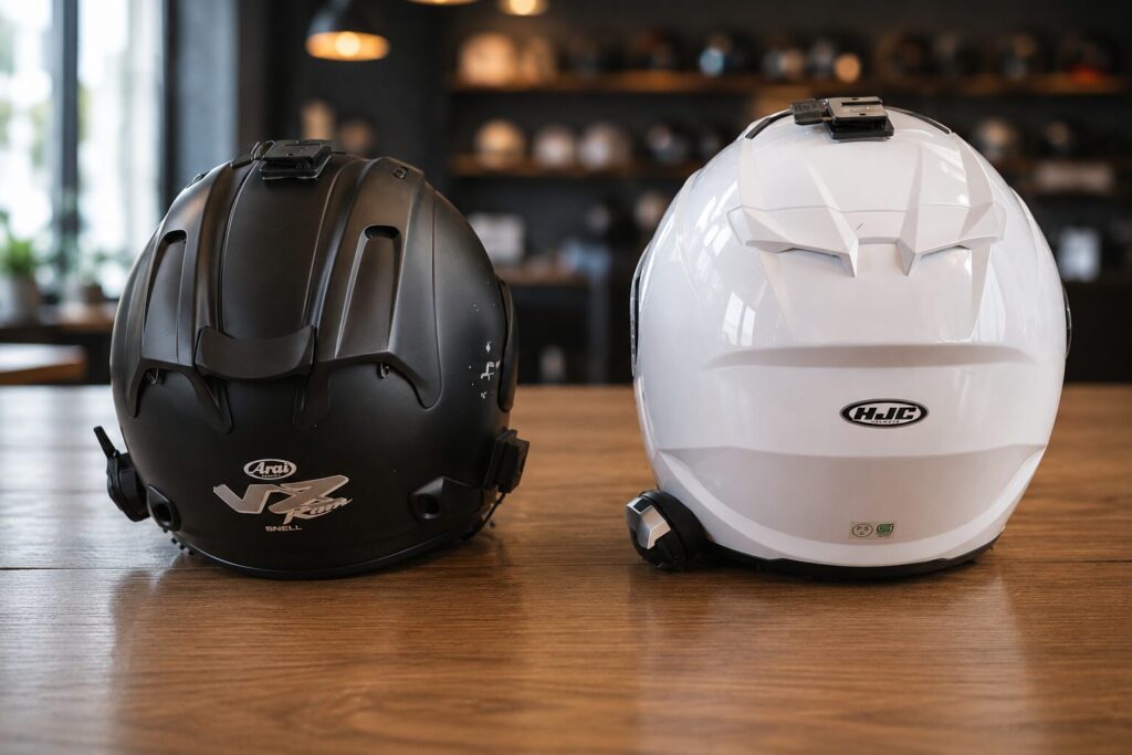 Arai VZ-Ram PLUS黒とHJC i31白を後ろから比較したサイズ比較写真