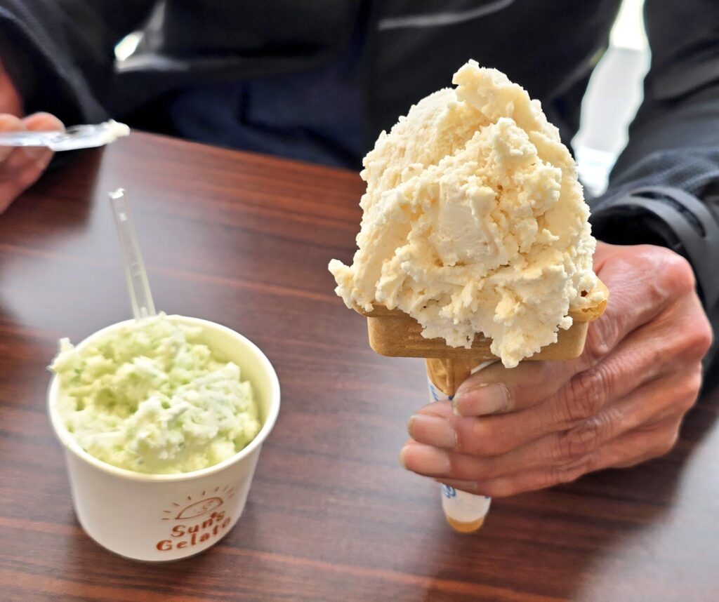 秦野JA直売所じばさんずのsun's-Gelatoのピーナツソフトと春キャベツソフトが並んでいる様子