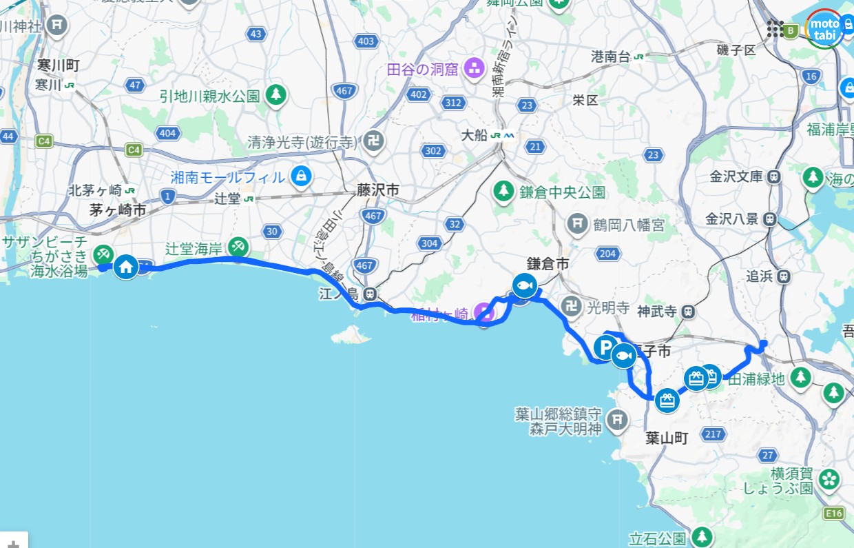 茅ヶ崎から葉山方面のツーリングルート地図