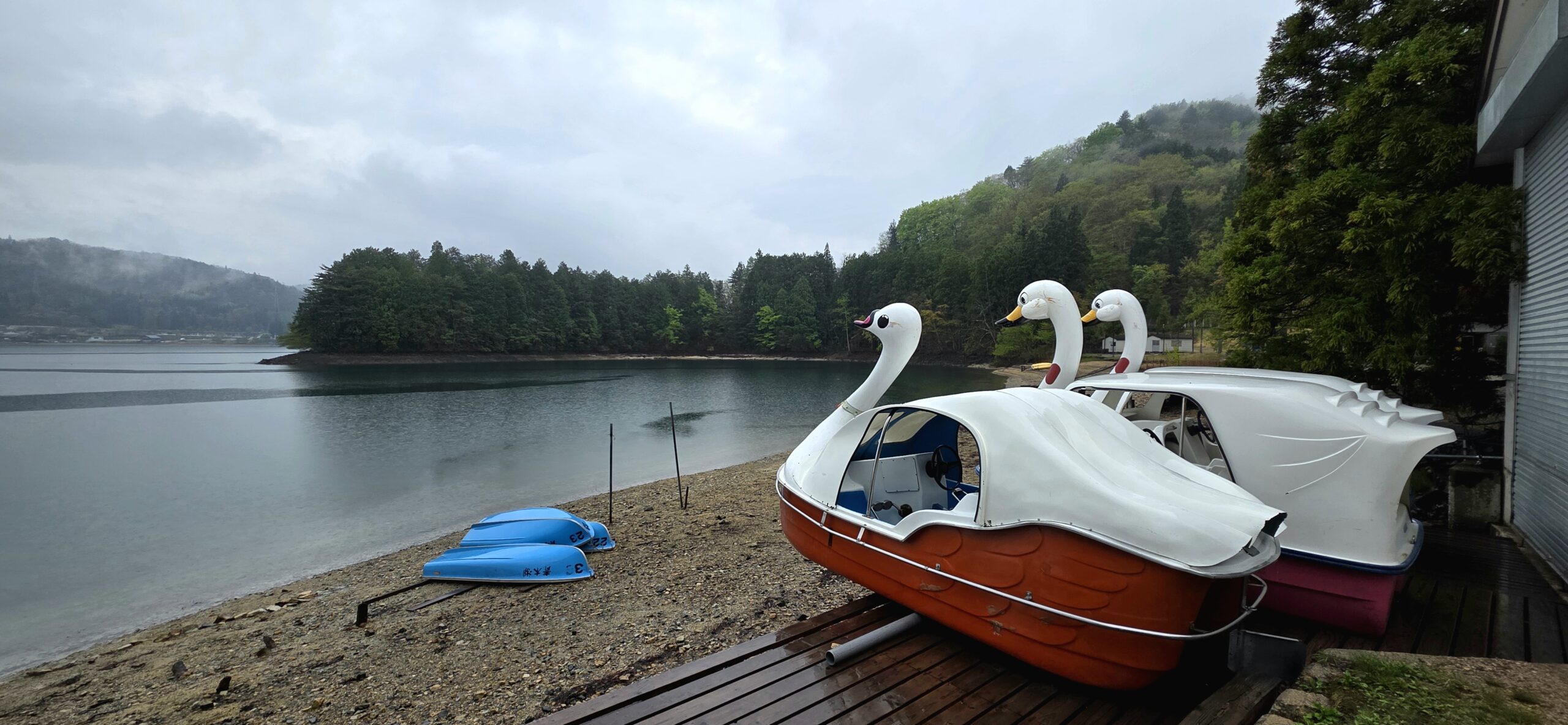雨の青木湖キャンプ場の湖岸に並ぶアヒルのボート