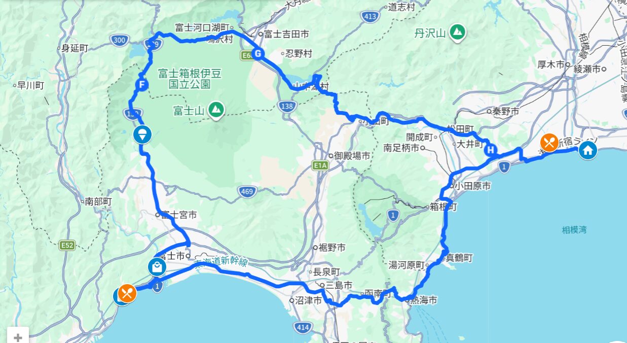 茅ヶ崎から静岡・由比漁港、朝霧高原方面のツーリングルート地図