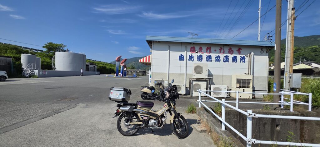 静岡県由比漁港直売所の店の横に停まっているハンターカブ