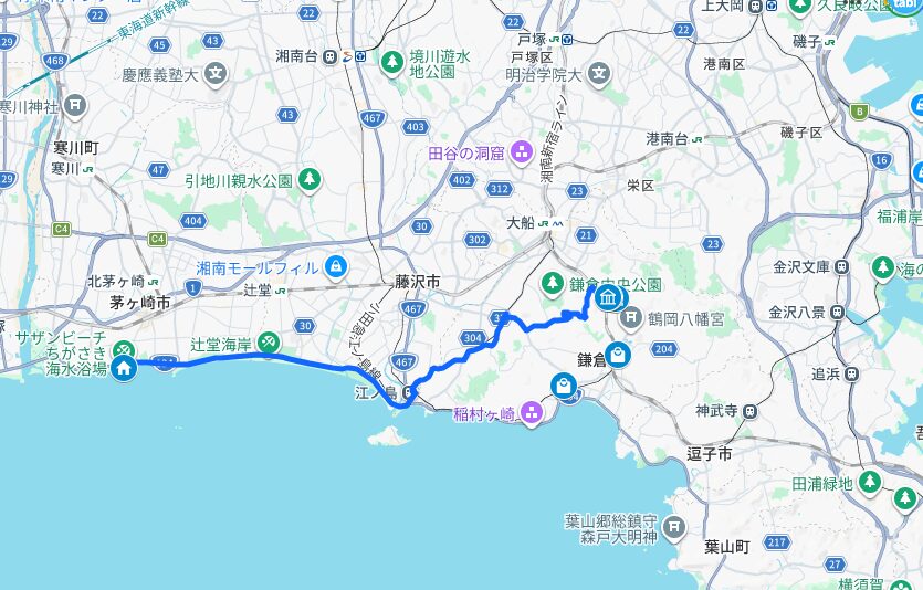 茅ヶ崎サザンビーチから134号を走り、腰越橋から北鎌倉の明月院までの道のりです