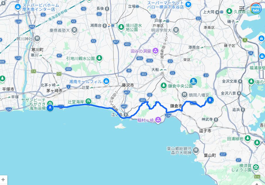 茅ヶ崎から鎌倉・三郎(朝比奈)の滝周辺のツーリングルート地図
