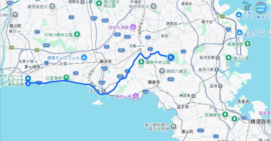 茅ヶ崎から鎌倉・称名寺周辺のツーリングルート地図