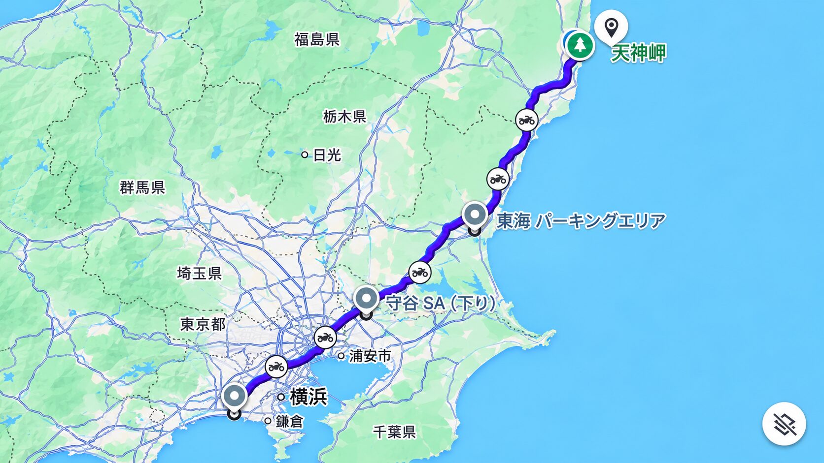 茅ヶ崎から霞ヶ浦を経て福島楢葉町までのツーリングルート地図