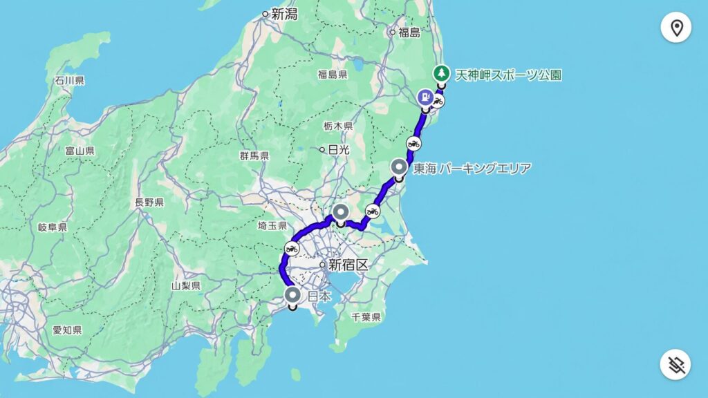 福島・楢葉キャンプ。天神岬スポーツ公園キャンプ場から神奈川までのルートマップ