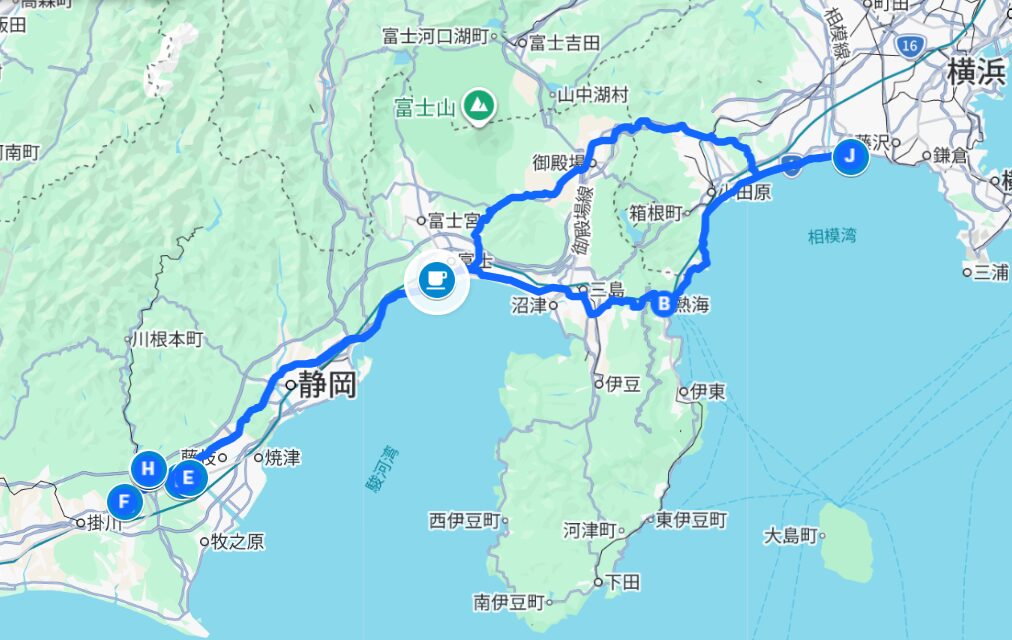 茅ヶ崎から静岡島田市周辺のツーリングルート地図