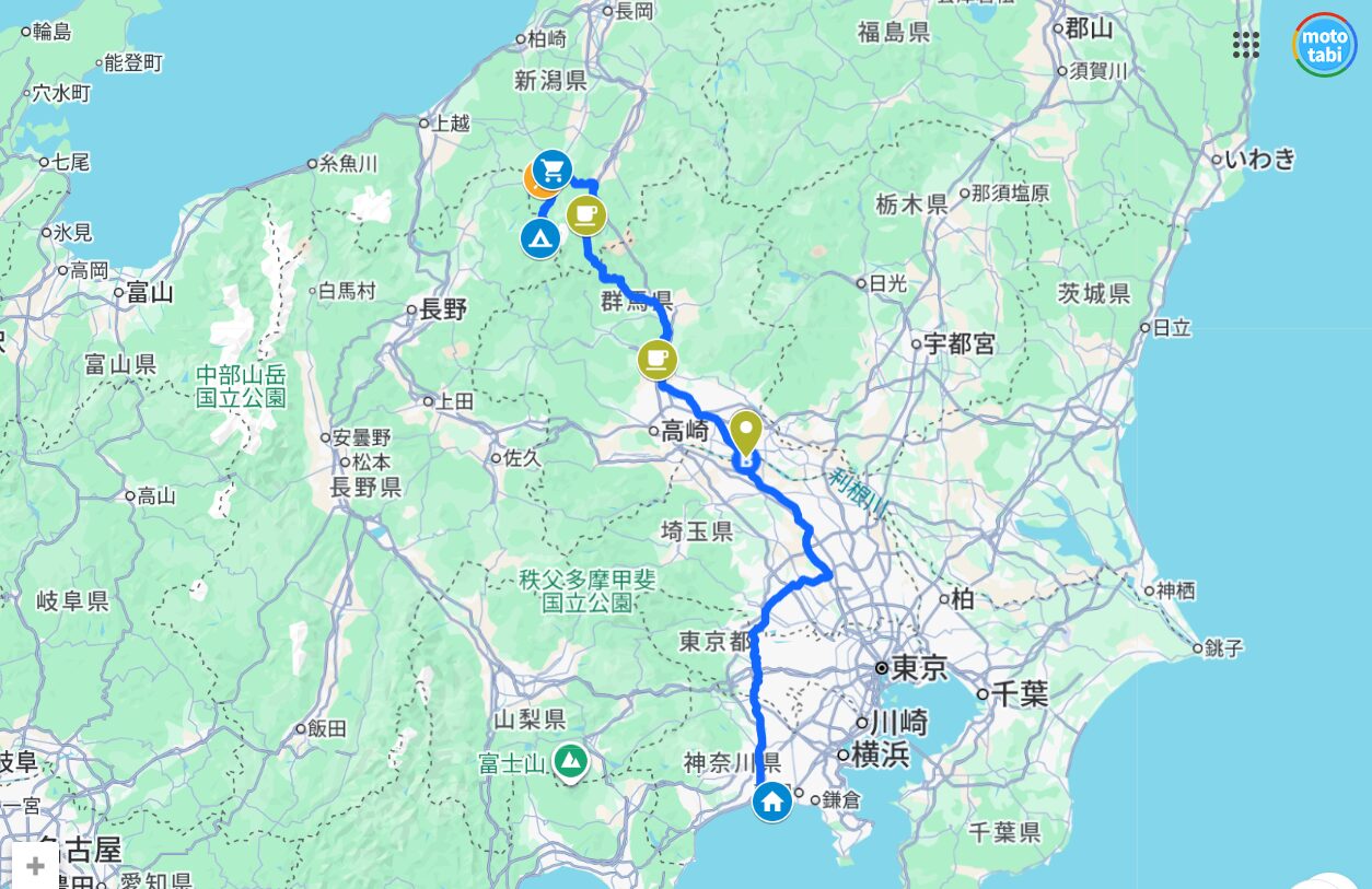 茅ヶ崎から長野県秋山郷までの雨の下道ツーリングルート地図