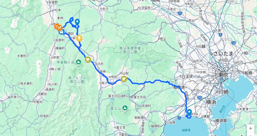 茅ヶ崎から長野ビーナスライン方面のツーリングルート地図