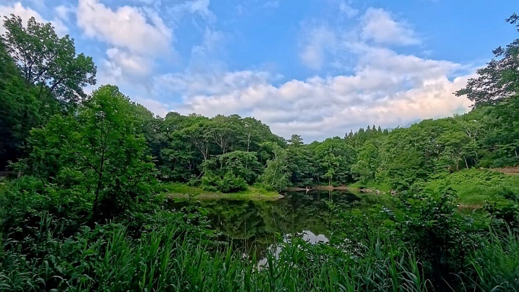 長野県栄村、朝の甘池の景色