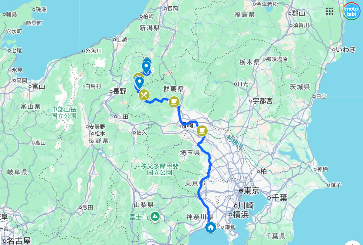 秋山郷～林道秋山線（雑魚川線）～奥志賀林道～志賀草津道路～茅ヶ崎までのツーリングルート地図