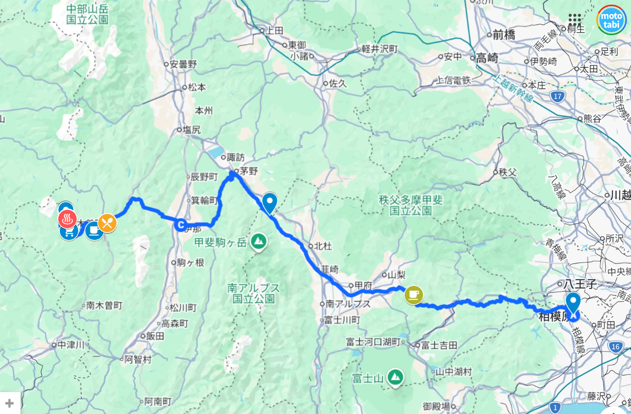 主なルート：相模原 → 甲斐大和 → 伊那 → 木曽福島 → 三岳 → 清滝 → おんたけ休暇村キャンプ場