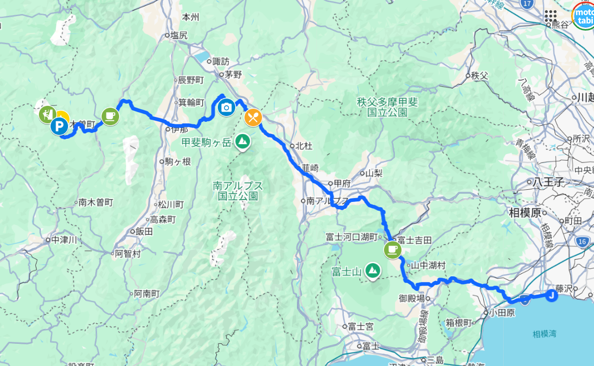おんたけ休暇村キャンプ場～御嶽スカイライン～新滝～道の駅日義木曽駒高原～長野県道211号芝平高遠線～伊那市道入笠線～黒河内林道～国道20号～御坂道～茅ヶ崎の下道ルート