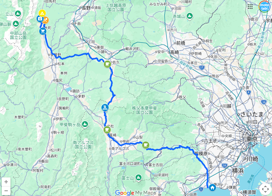 茅ヶ崎～国道129号～国道412号～国道20号～野辺山高原サラダ街道～立科町～中山高原～青木湖