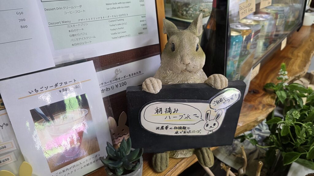 長野県大町市カフェ・ラビットの朝摘みハーブ水の案内