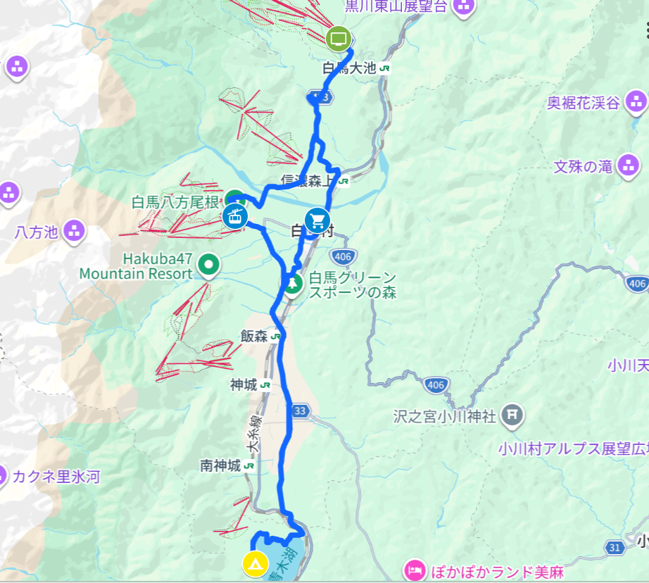青木湖キャンプ場 → 八方尾根ゴンドラ乗り場 → UNPLAN Village Hakuba → ハピア A・コープ白馬店 → 青木湖キャンプ場