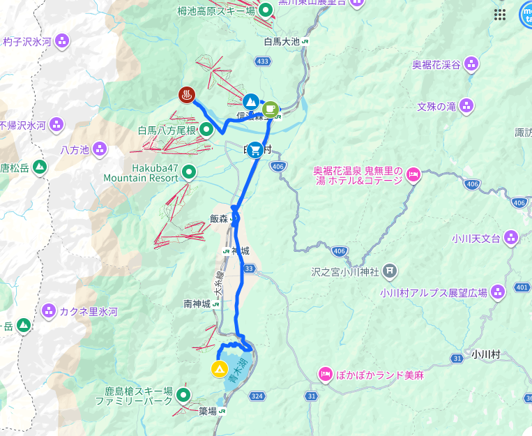 青木湖キャンプ場 → 岩岳マウンテンリゾート → おびなたの湯 → Square 8 Hakuba → ハピア A・コープ白馬店 → 青木湖キャンプ場