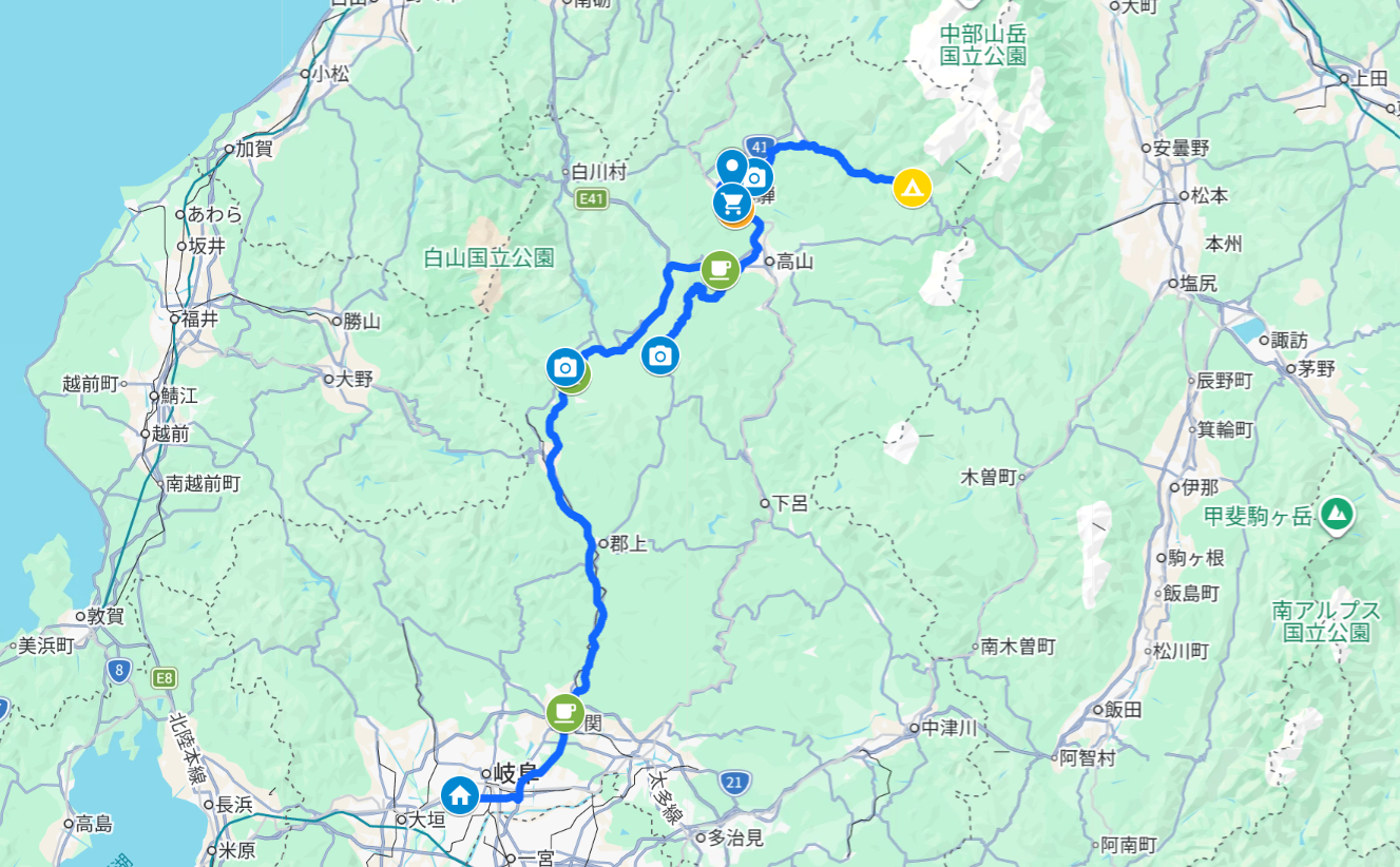 岐阜市内 → 東海北陸自動車道 → せせらぎ街道 → 飛騨古川 → 奥飛騨温泉郷オートキャンプ場