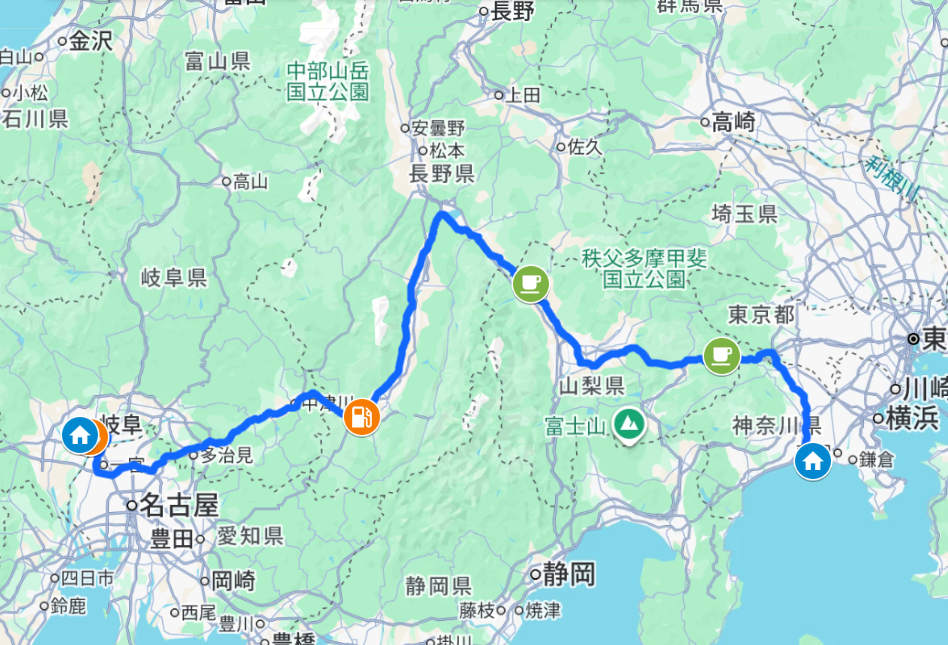 茅ヶ崎 → 中央道 → 談合坂SA → 八ヶ岳PA → 阿智PA → 岐阜